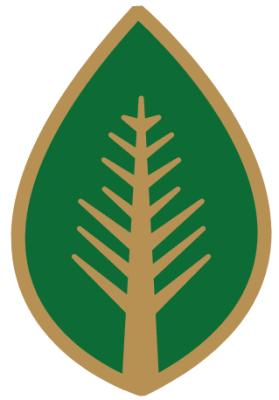 Green leaf with a stylised tree design in the centre, outlined in gold